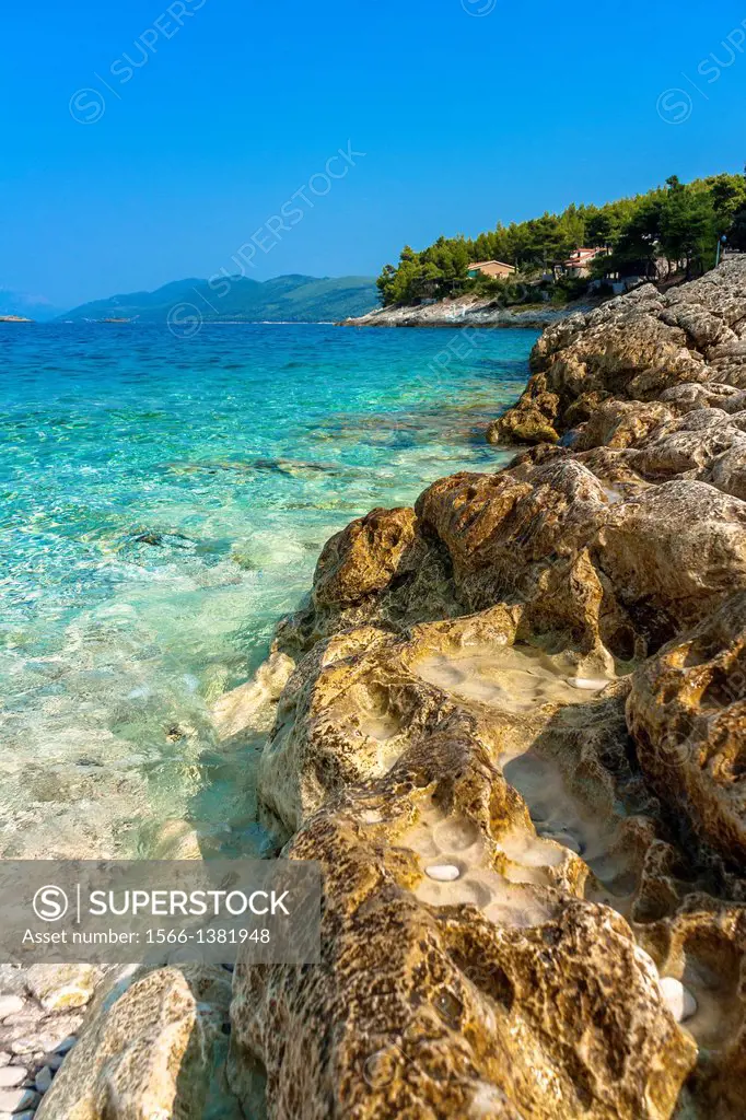 Adriatic sea coastline in Prigradica village, Korcula island, Croatia.