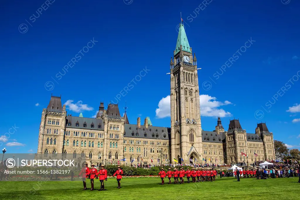 Canada , Ottawa City ,Parliament Hill, Parlament Bldg. Central Tower , Canadian Mounted Guards Parade.