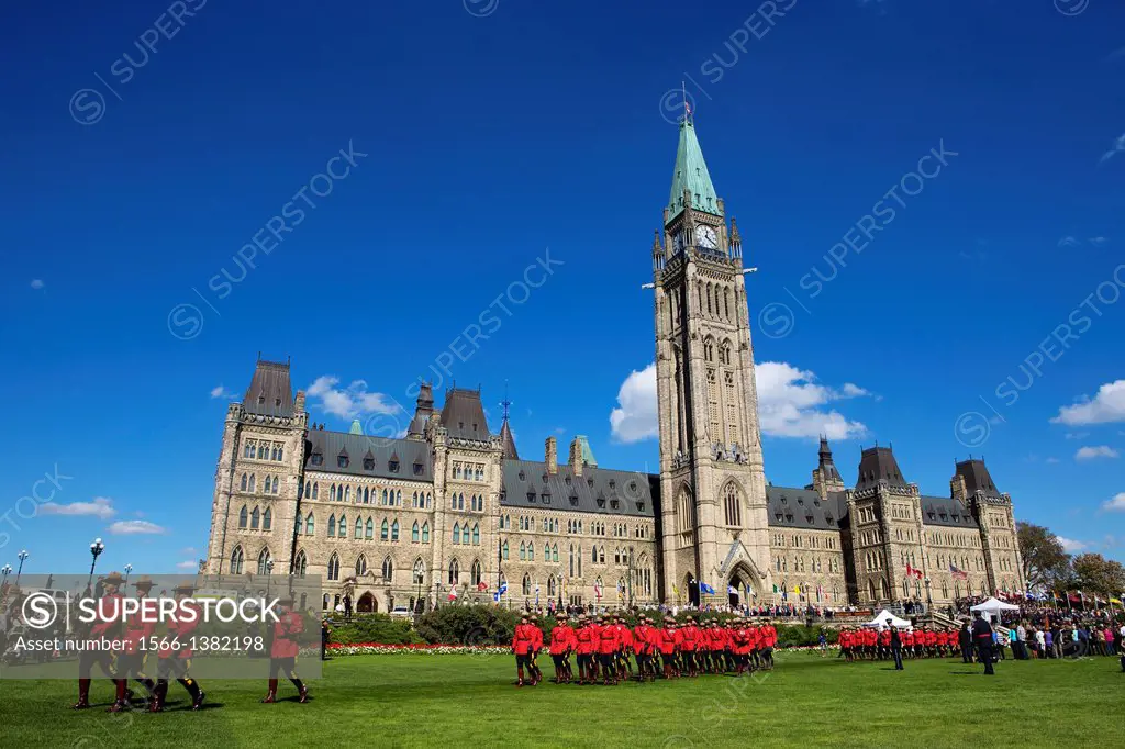 Canada , Ottawa City ,Parliament Hill, Parlament Bldg. Central Tower , Canadian Mounted Guards Parade.