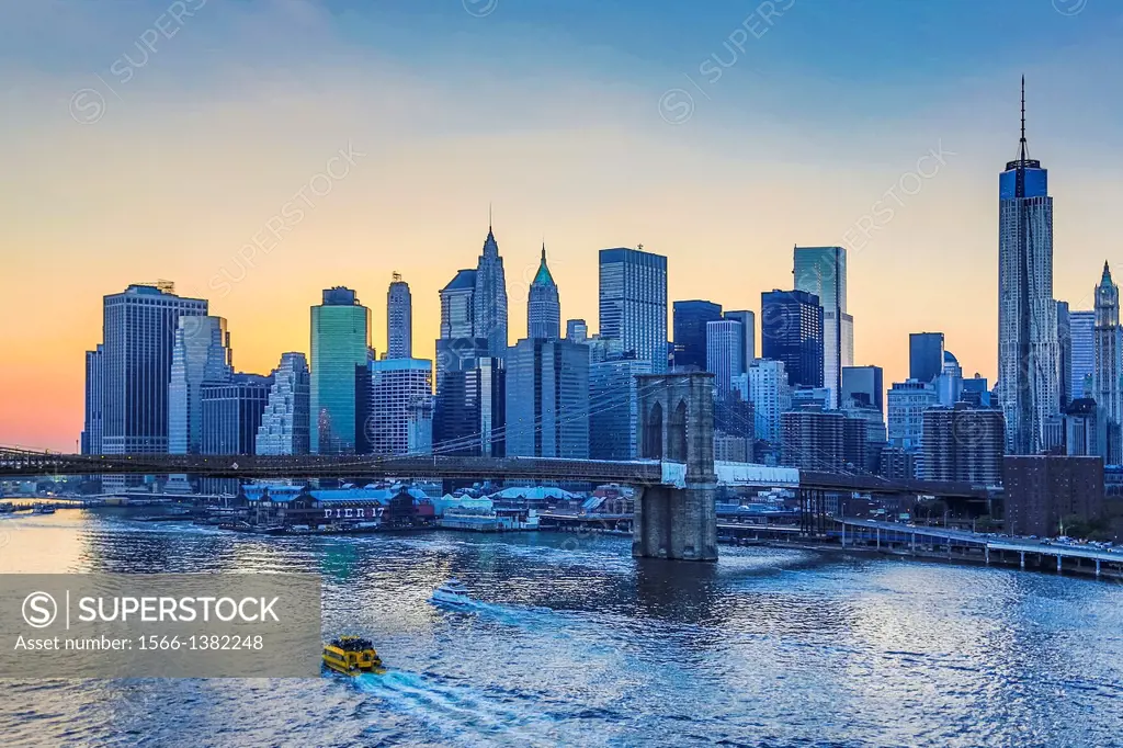 USA , New York City, Downtown Skyline at sunset.