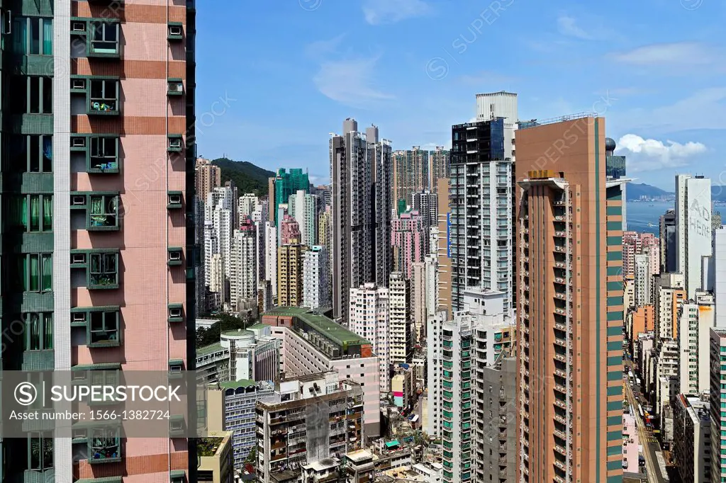 Aerial view of buildings and Harbor Bay in the background, Hong Kong Island, Hong Kong, China, East Asia.