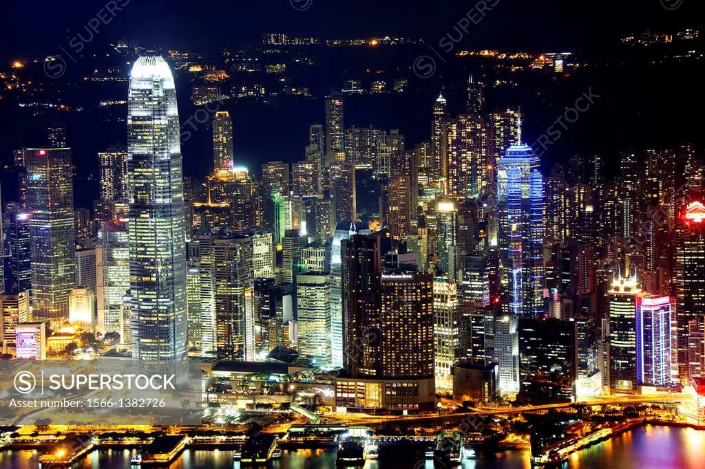 Skyline of Hong Kong Island by night with World Trade Centre, Hong Kong, China, East Asia.