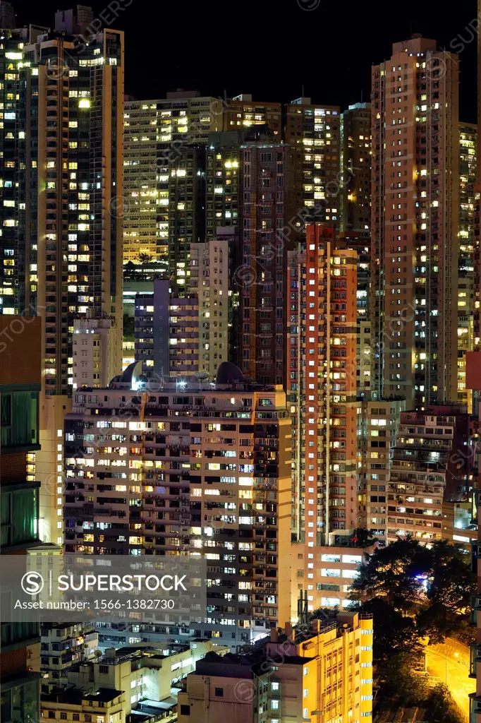 Residential Buildings in Hong Kong Island by night, Hong Kong, China, East Asia.