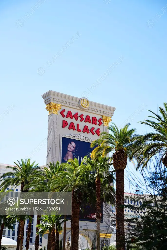 Top of the Caesar's Palace Hotel Sign on Las Vegas Boulevard, Las Vegas, NV, USA.