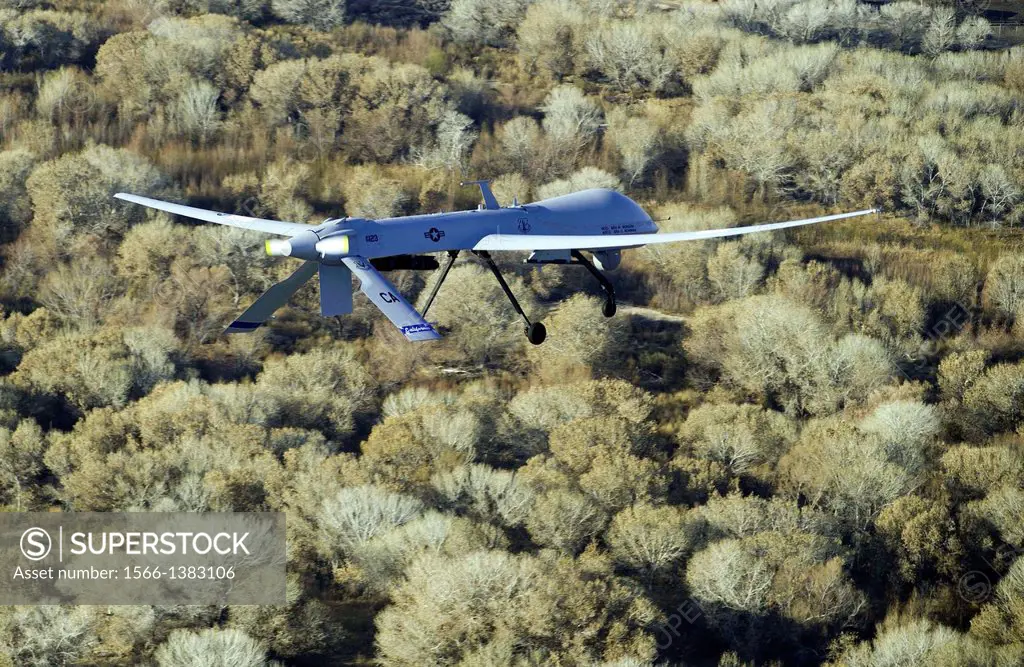 The MQ-1 Predator assigned to the 163rd Reconnaissance Wing is in flight over the Southern California Logistics Airport, formerly George Air Force Bas...