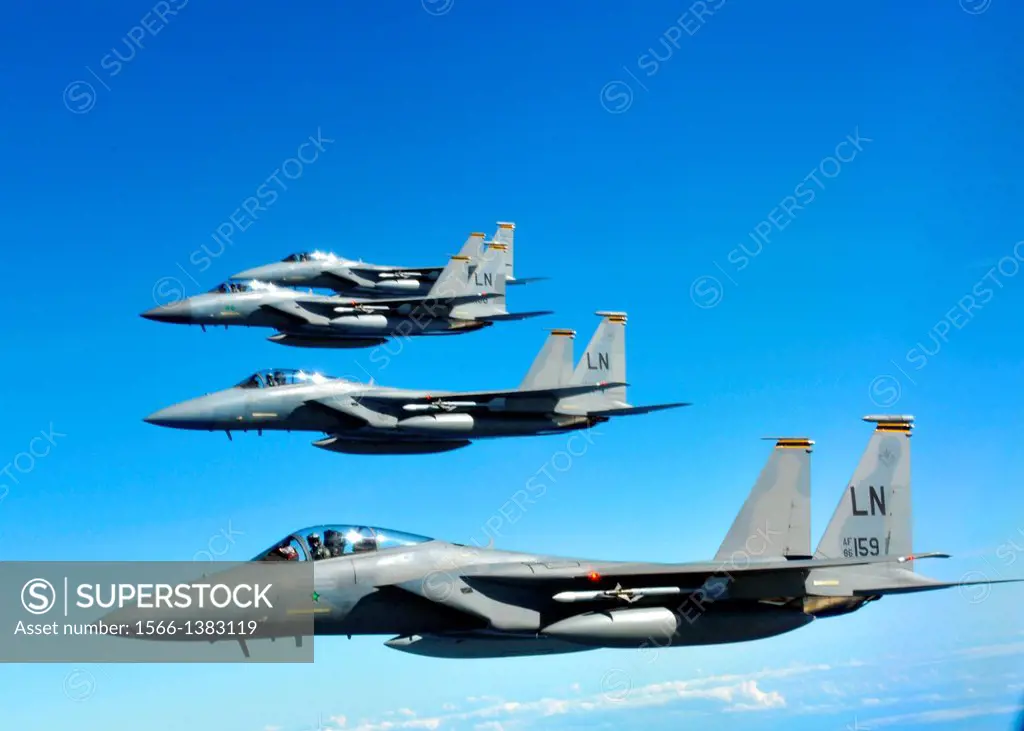 Four U.S. Air Force F-15C Eagles fly in formation after refueling Sept. 12, 2013, on their way to the Arctic Challenge exercise in Norway. The F-15C, ...