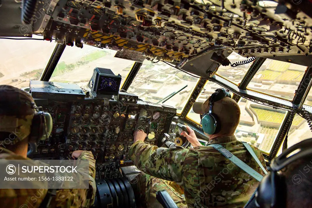 1st Lt. Brent Stevens and Maj. Devin Cummings maneuver a C-130 Hercules out of Forward Operating Base Sharana, Paktika Province, Afghanistan, Sept. 28...
