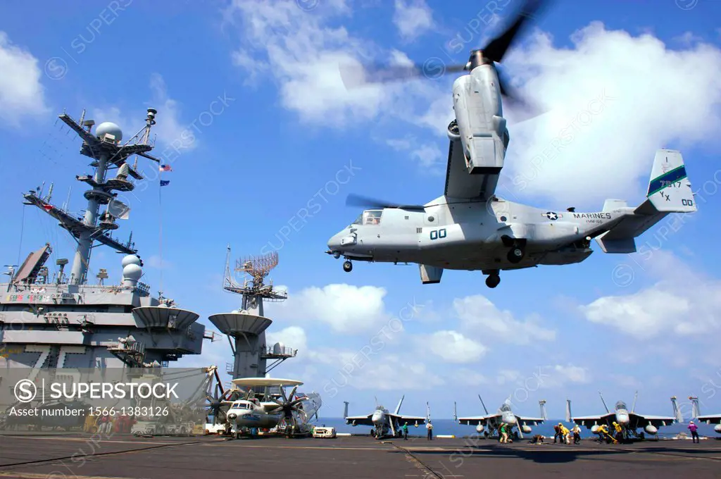 GULF OF OMAN (Oct. 15, 2013) An MV-22 Osprey assigned to Marine Medium Tiltrotor Squadron 166 lands aboardf the aircraft carrier USS Harry S. Truman (...