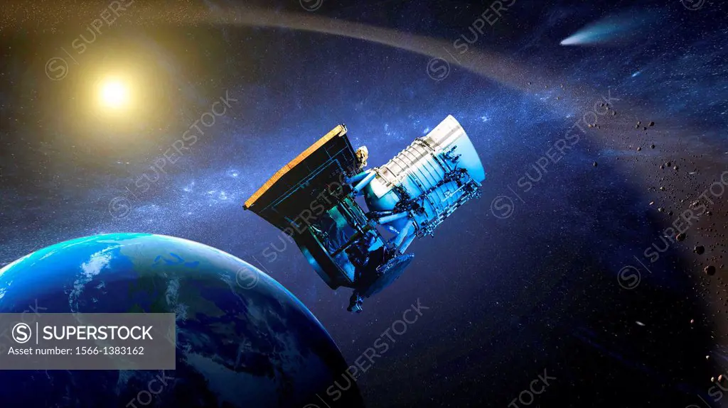 This artist's concept shows the Wide-field Infrared Survey Explorer, or WISE spacecraft, in its orbit around Earth. In September of 2013, engineers wi...