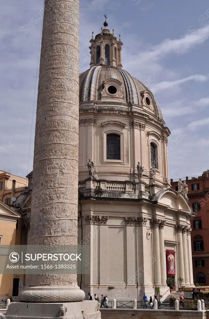 Roma, Italy, the Colonna Traiana, with the Chiesa del Santissimo Nome di Maria on the background