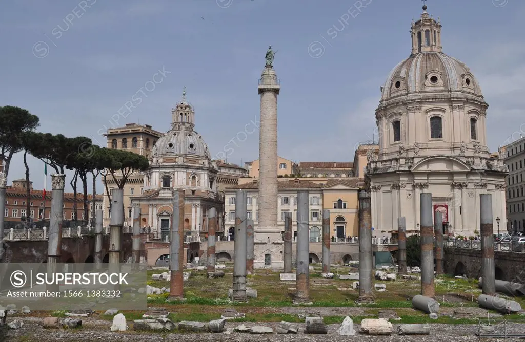 Roma, Italy, Fori Imperiali, with the Chiesa del Santissimo Nome di Maria and Colonna Traiana