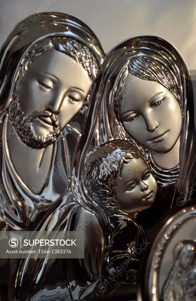 Roma, Italy, relief of the Holy Family in silver, sold in a shop of Vatican City