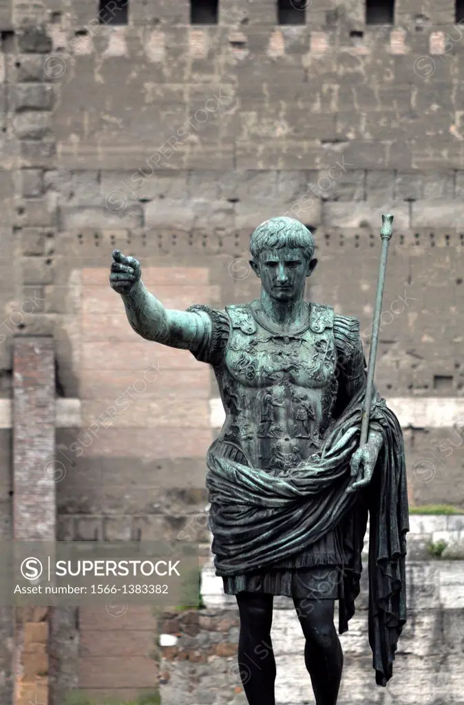 Roma, Italy, bronze statue of emperor Caesar Augustus along Via dei Fori Imperiali