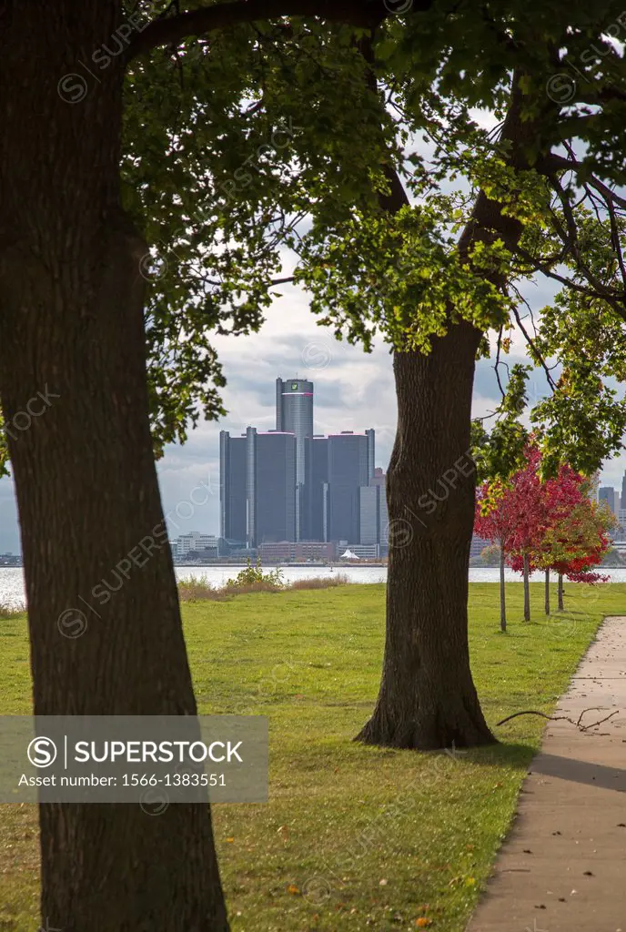 Detroit, Michigan - The Renaissance Center and General Motors headquarters in downtown Detroit, from Belle Isle, a park in the Detroit River.