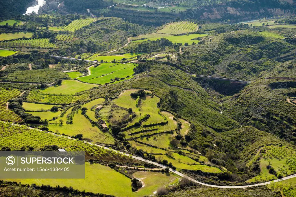 Panoramic views from Mallos de Riglos hill, Hoya de Huesca, Aragon, Spain.