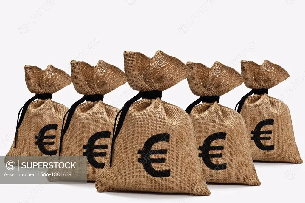 Five money bags with euro signs back-to-back.