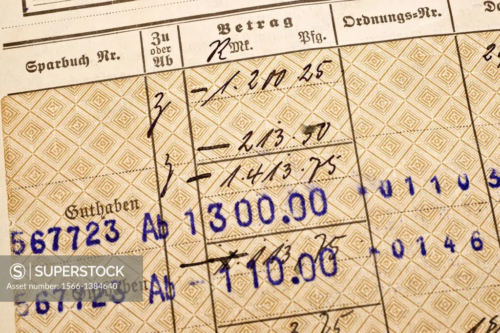 Detail photo of an old German bankbook from the year 1927.