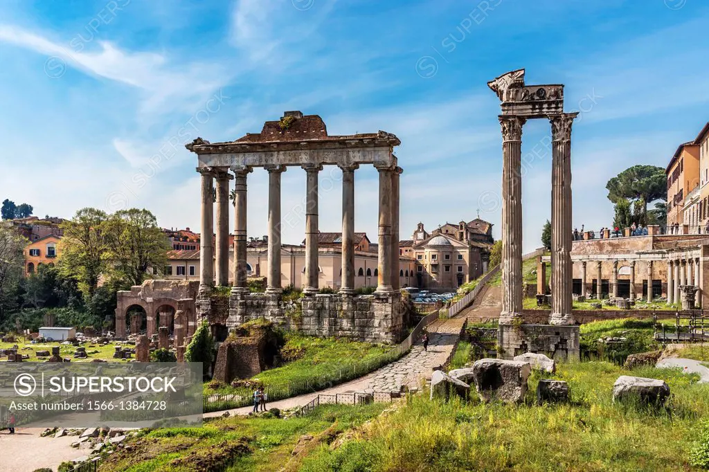 Roman Forum with the Temple of Saturn and the remaining columns of the Temple of Vespasian right, Rome, Lazio, Italy, Europe.