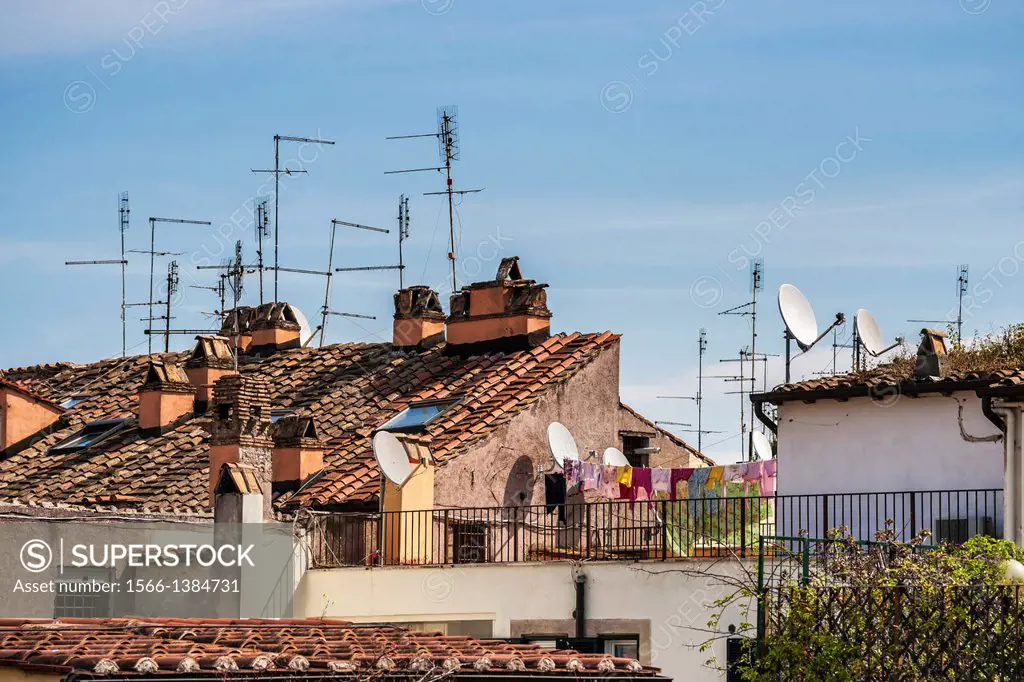 TV antennas on the roofs of the old town of Rome, Lazio, Italy, Europe.