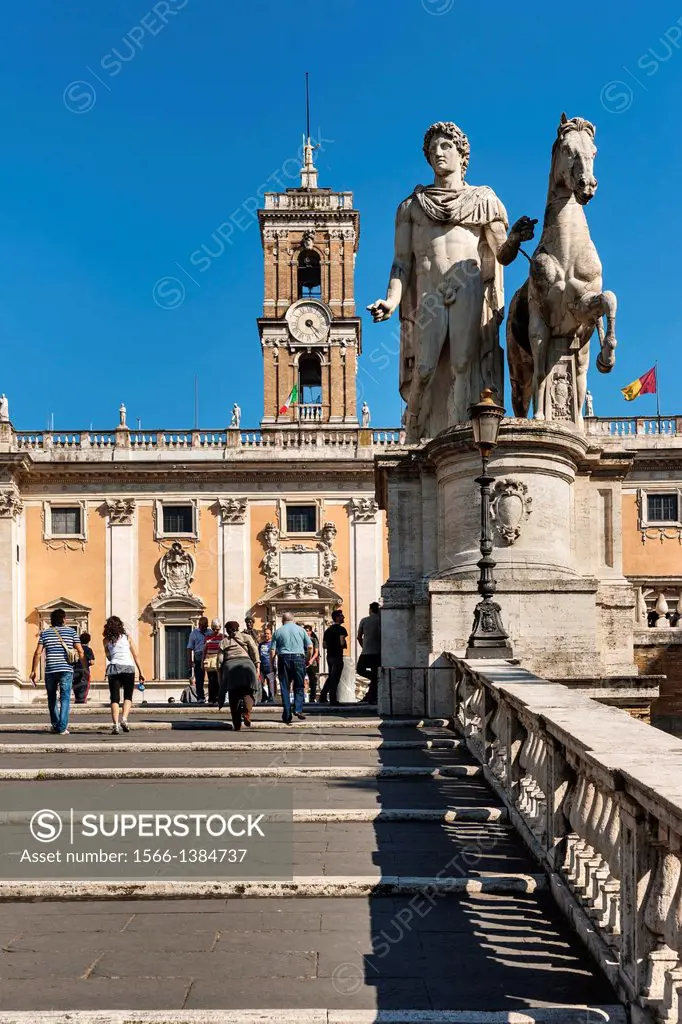By Michelangelo designed ramp stairs cordonata to the Piazza del Campidoglio. At the end of the stairs there are statues of Castor and Pollux. In the ...