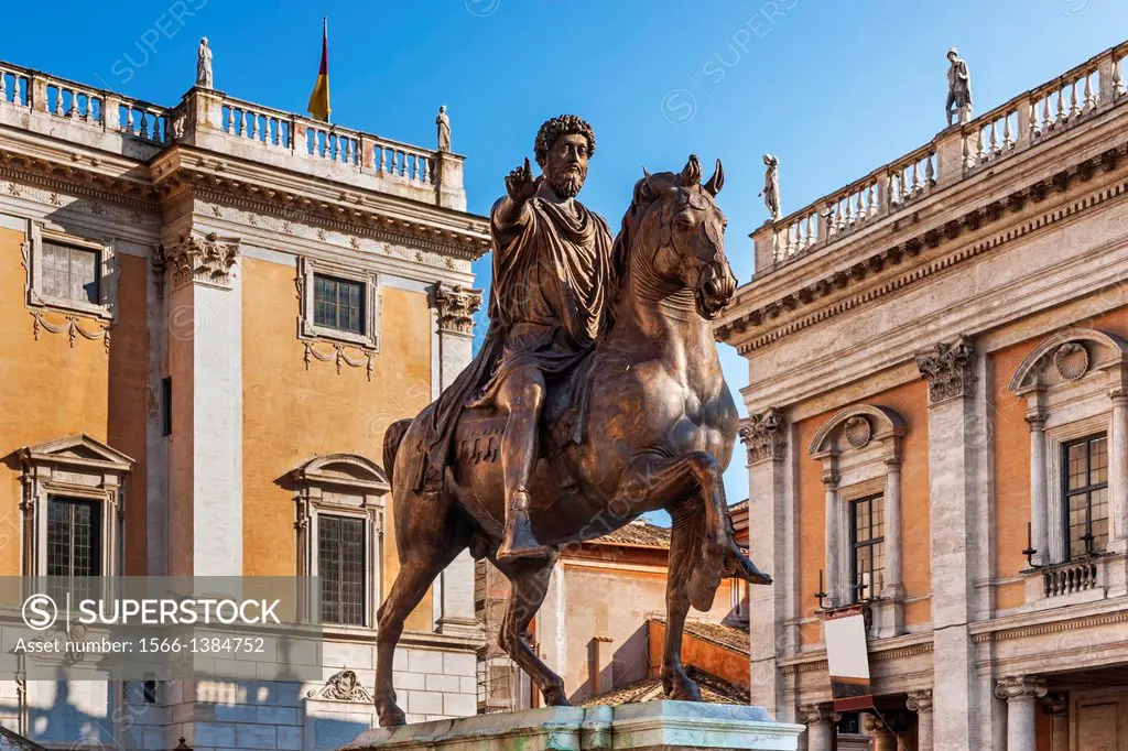 Equestrian statue of Marcus Aurelius 121-180. The statue is located in the middle of the Piazza del Campidoglio, Rome, Lazio, Italy, Europe.