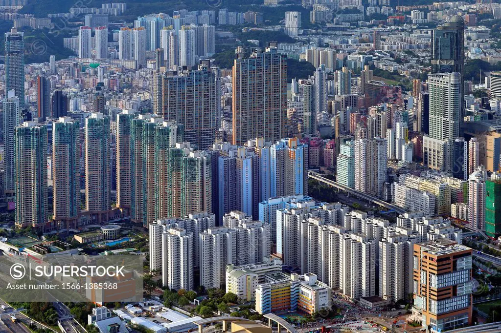 Aerial view of residential buildings of Kowloon, Hong Kong, China, East Asia