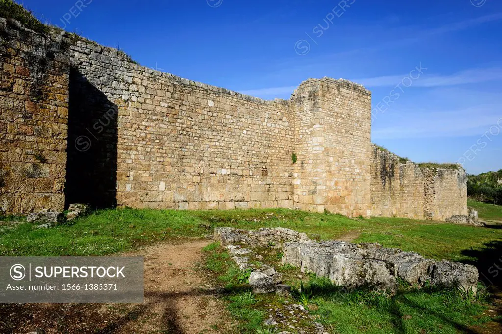 Roman City wall, Conimbriga city, Conventus Scallabitanus, Roman province of Lusitania, near Condeixa-a-Nova, district of Coimbra, Portugal, Europe.