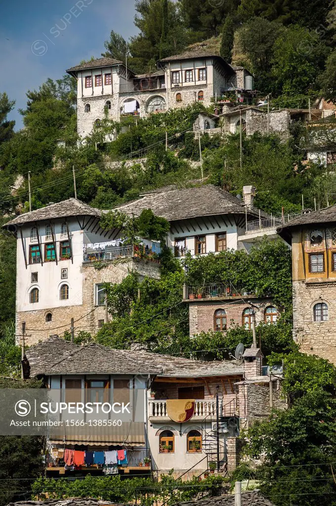 Traditional, ottoman period, stone roofed, houses in the old town of Gjirokastra in southern Albania.