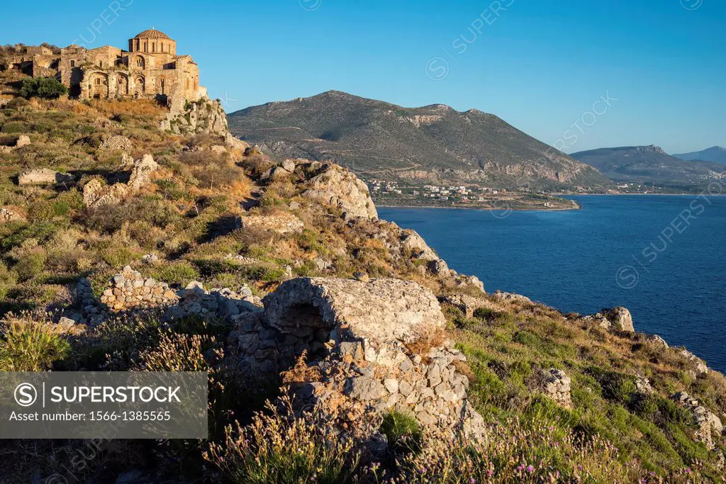 Agia Sofia church and the ruined citadel above the old Byzantine town of Monemvasia, in Lakonia, Southern Peloponnese, Greece.