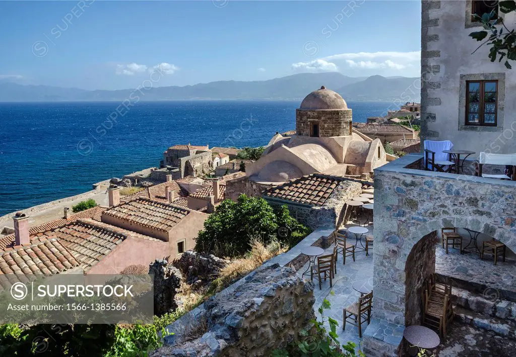 Looking across the old Byzantine town of Monemvasia, with the Maleas peninsula in the background, Lakonia, Southern Peloponnese, Greece.