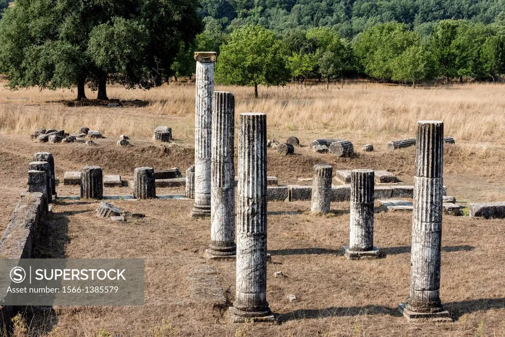The ruins of the stoa at Ancient Megalopolis. Megalopoli, central Peloponnese, Greece.