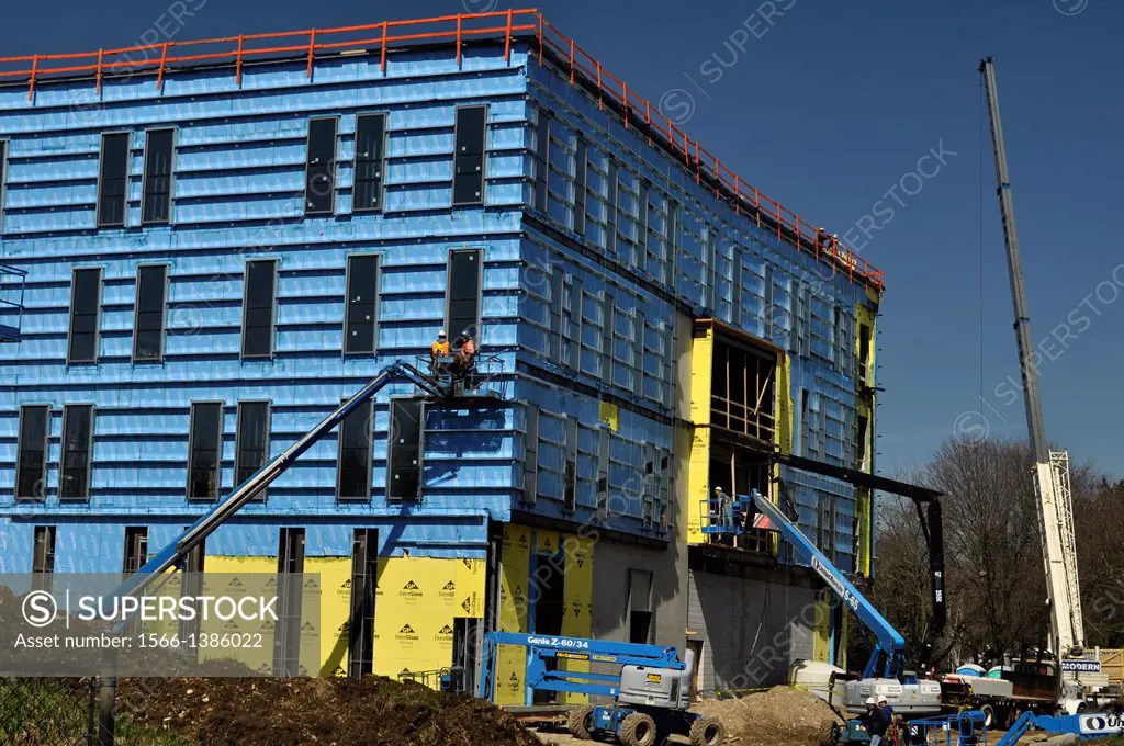 LEED certified building under construction, Ontario, Canada. Insulation is in blue colour.