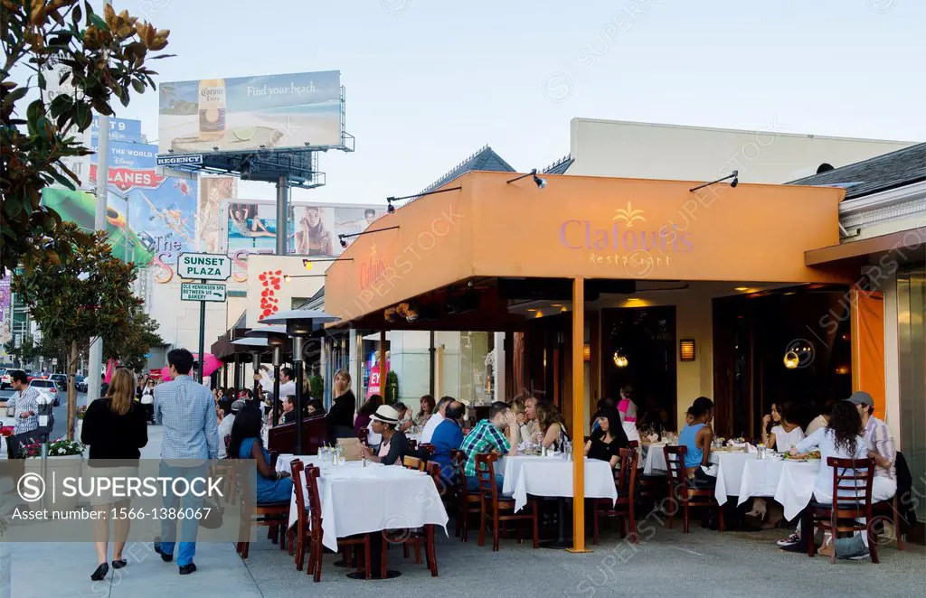 Hollywood Beverly Hills California CA famous Sunset Blvd dining at Clafoutis Restaurant with famous and tourists.