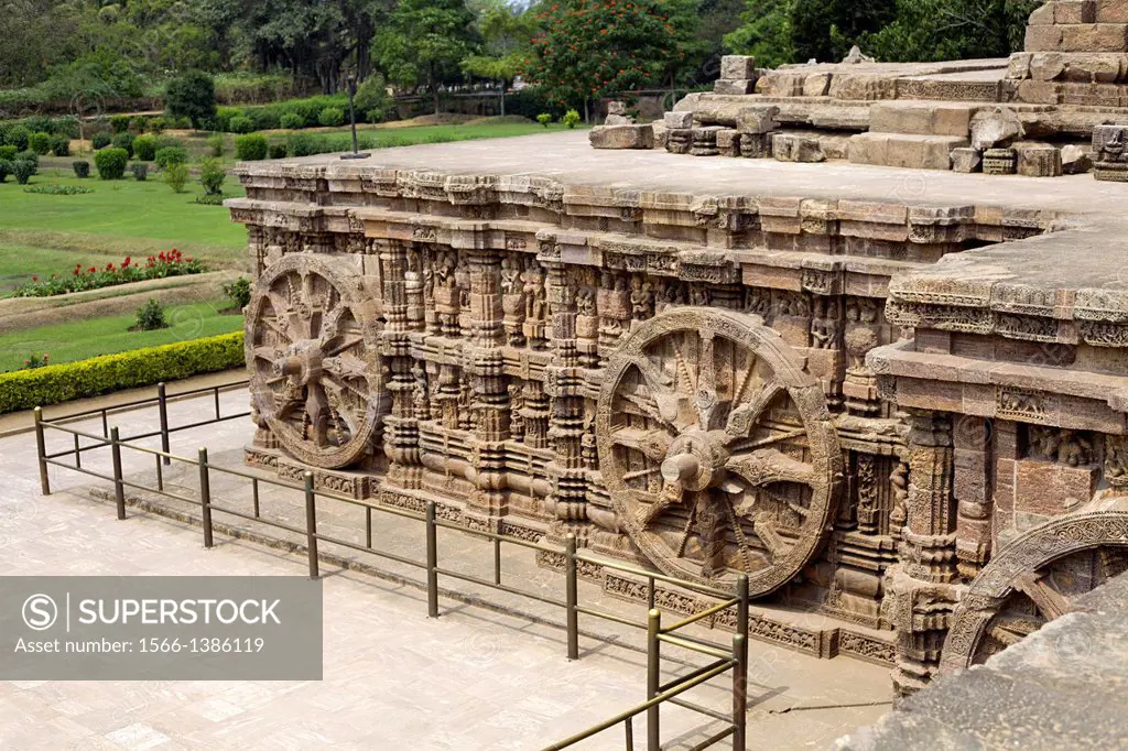 One of the carved chariot wheels. Konark Sun Temple, Orissa India. UNESCO world heritage site.