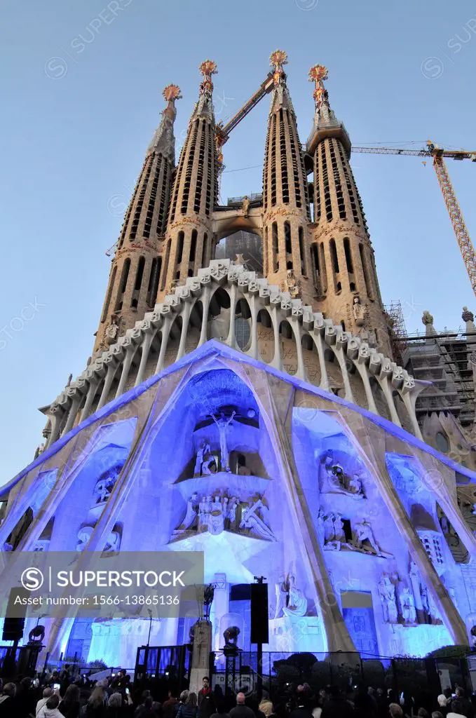 Basilica and Expiatory Church of the Holy Family. Passion façade. Large Roman Catholic church in Barcelona, Catalonia Spain, designed by Catalan archi...