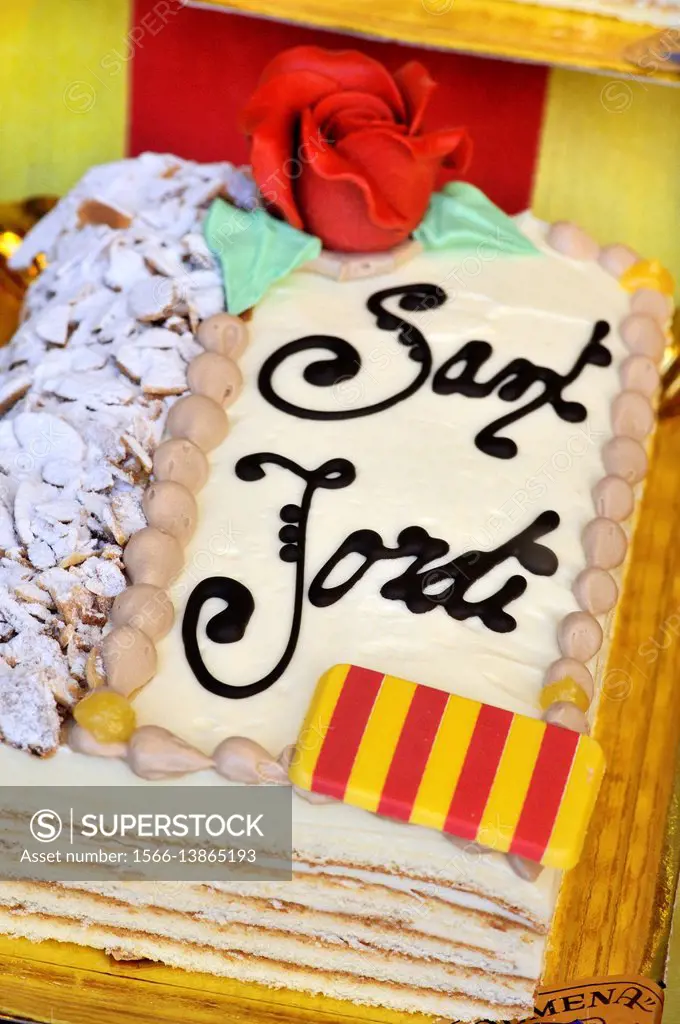Sant Jordi (April 23rd) feast special cake, Barcelona. Catalonia, Spain