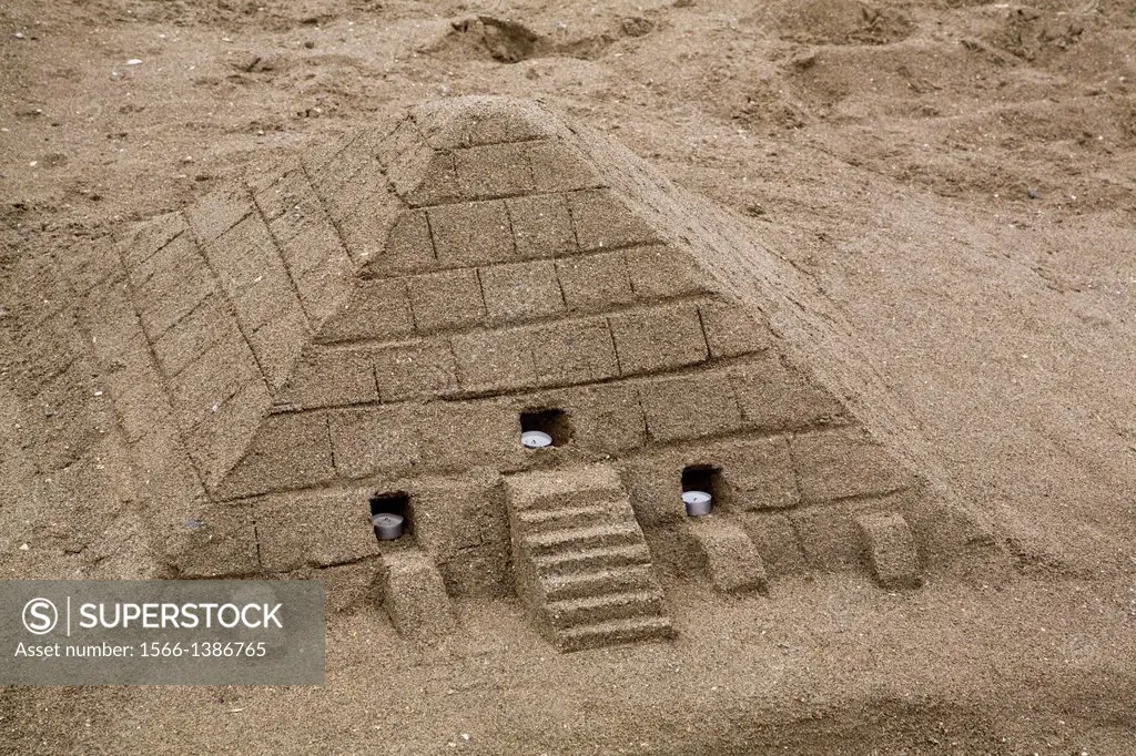 Close-up of an Egyptian pyramid shaped sandcastle, Torremolinos, Costal del Sol, Spain, Europe.