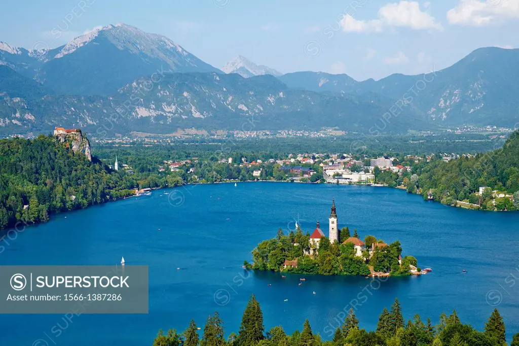Slovenia, Bled, Lake Bled and Julian Alps, church of the Assumption.