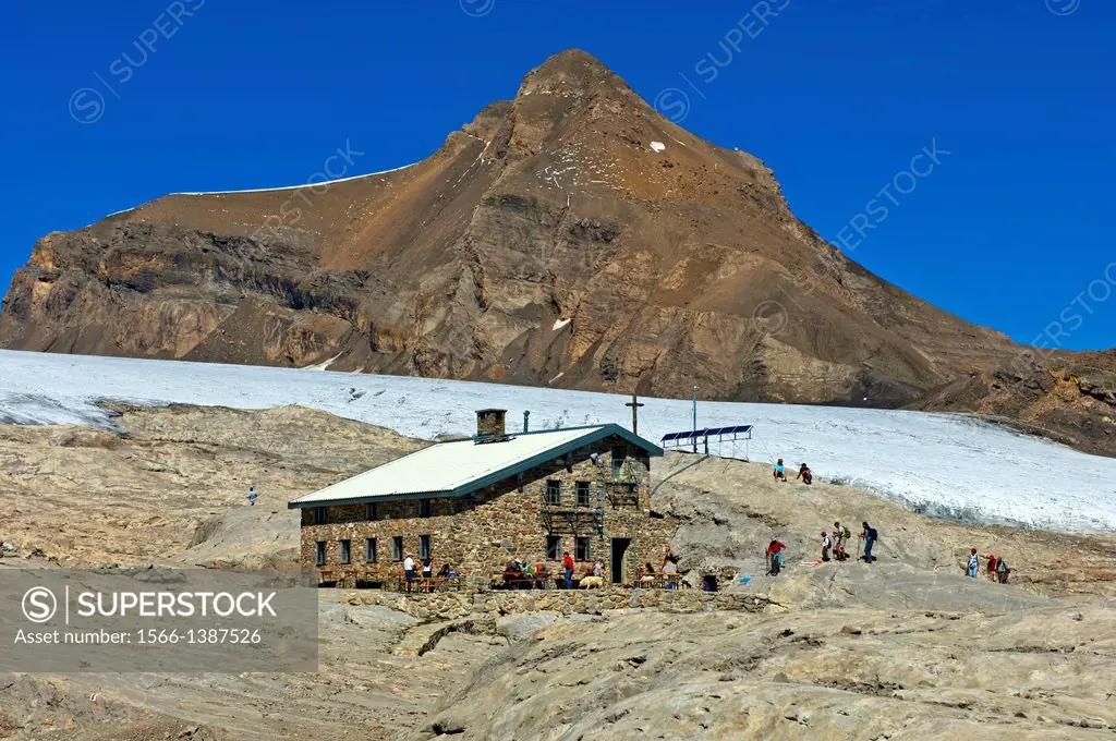 Mountain hut of the Swiss Alpine Club (SAC) Cabane de Prarochet at the Tsanfleuron Glacier in front of Mt Oldenhorn, Bernese Alps, Valais, Switzerland...