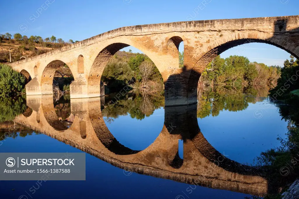 St. James way; the Romanesque Pilgrims' Bridge at Puente la Reina, Navarra, Spain.