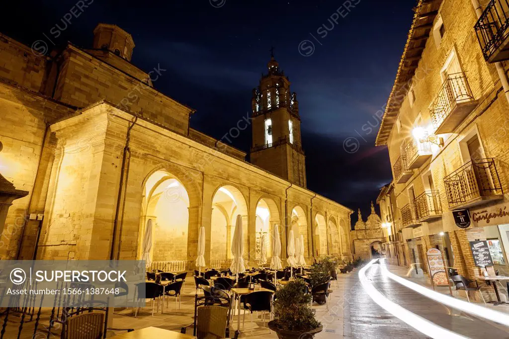St. James way; Church and square of Santa Maria, Los Arcos, Navarra, Spain.