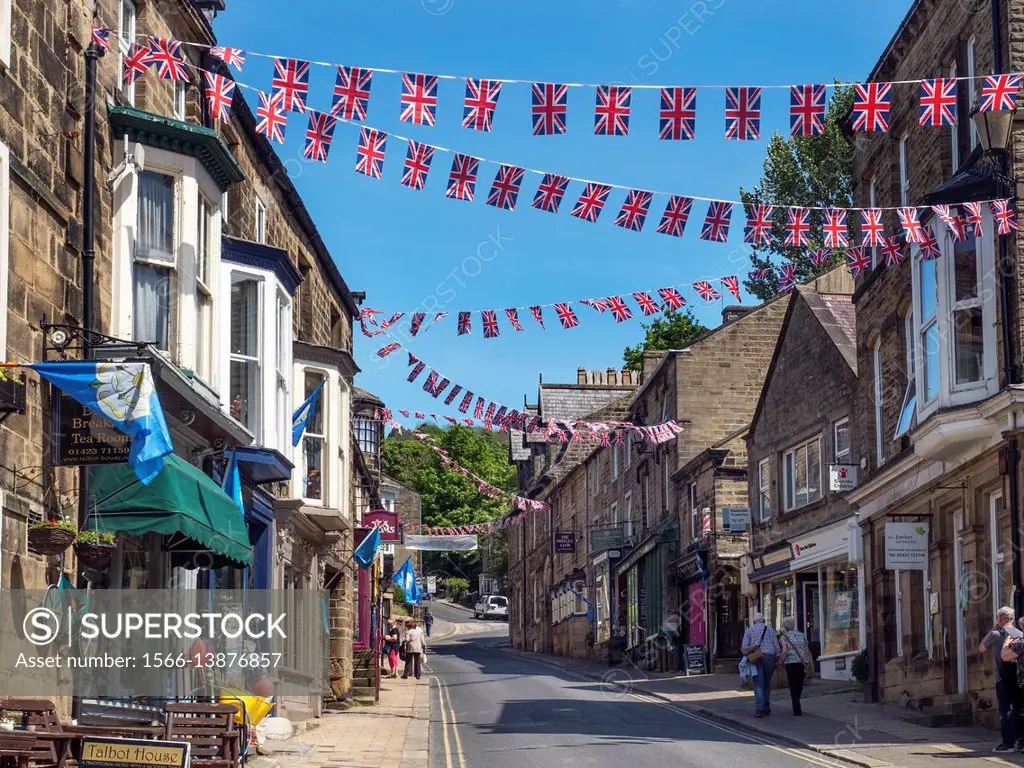 Union Jack Bunting over the High Street at Pateley Bridge in Nidderdale North Yorkshire England.