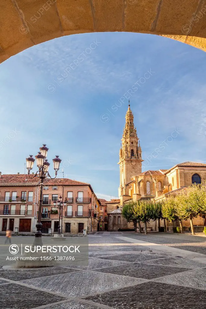 St. James way, View of the Cathedral from España square at Santo Domingo de la Calzada, La Rioja, Spain.