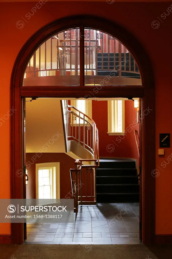 Staircase at Austin Hall, Romanesque Revival university building at Harvard Law School, Cambridge, MA, USA.