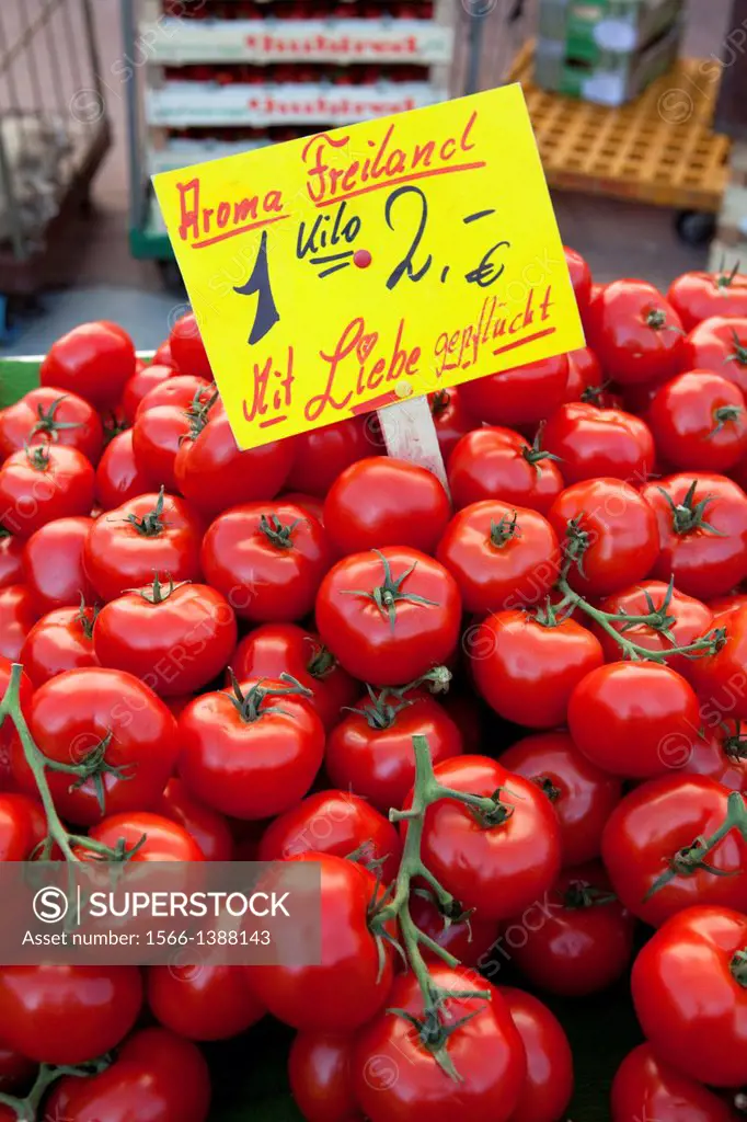 Tomato stall in the marketplace, Hanover, Lower Saxony, Germany, Europe.