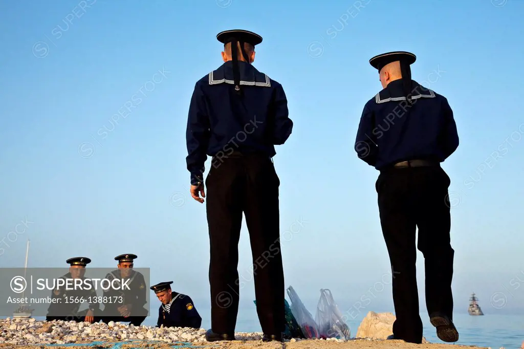 Russian Sailors On Shore Leave, Zakynthos Town, Zakynthos (Zante) Island, Greece.