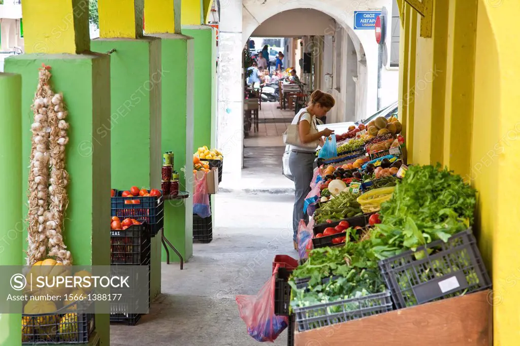 Local Woman Shopping At A Fruit and Vegetable Shop, Zakynthos Town, Zakynthos (Zante) Island, Greece.