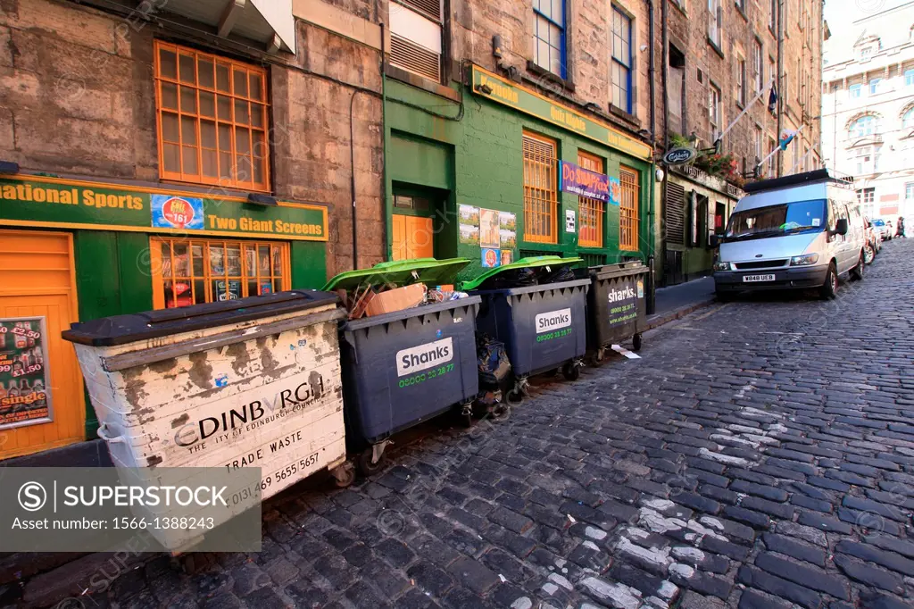Edinburgh, city council trade waste containers in the back street of Old Town, Edinburgh, Scotland, Great Britain, UK, Europe