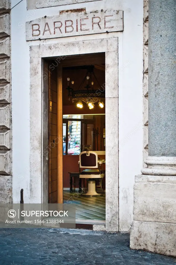 Barber shop in the historic centre, Rome, Italy.