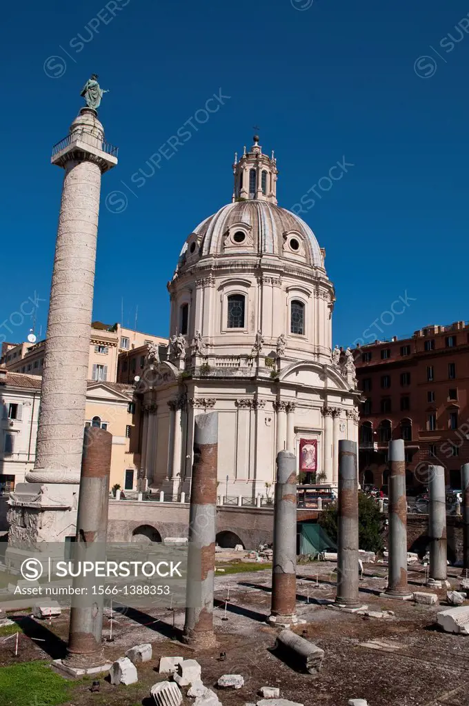 Trajan's Forum with Trajans Column and Santissimo Nome di Maria church, Rome, Italy.